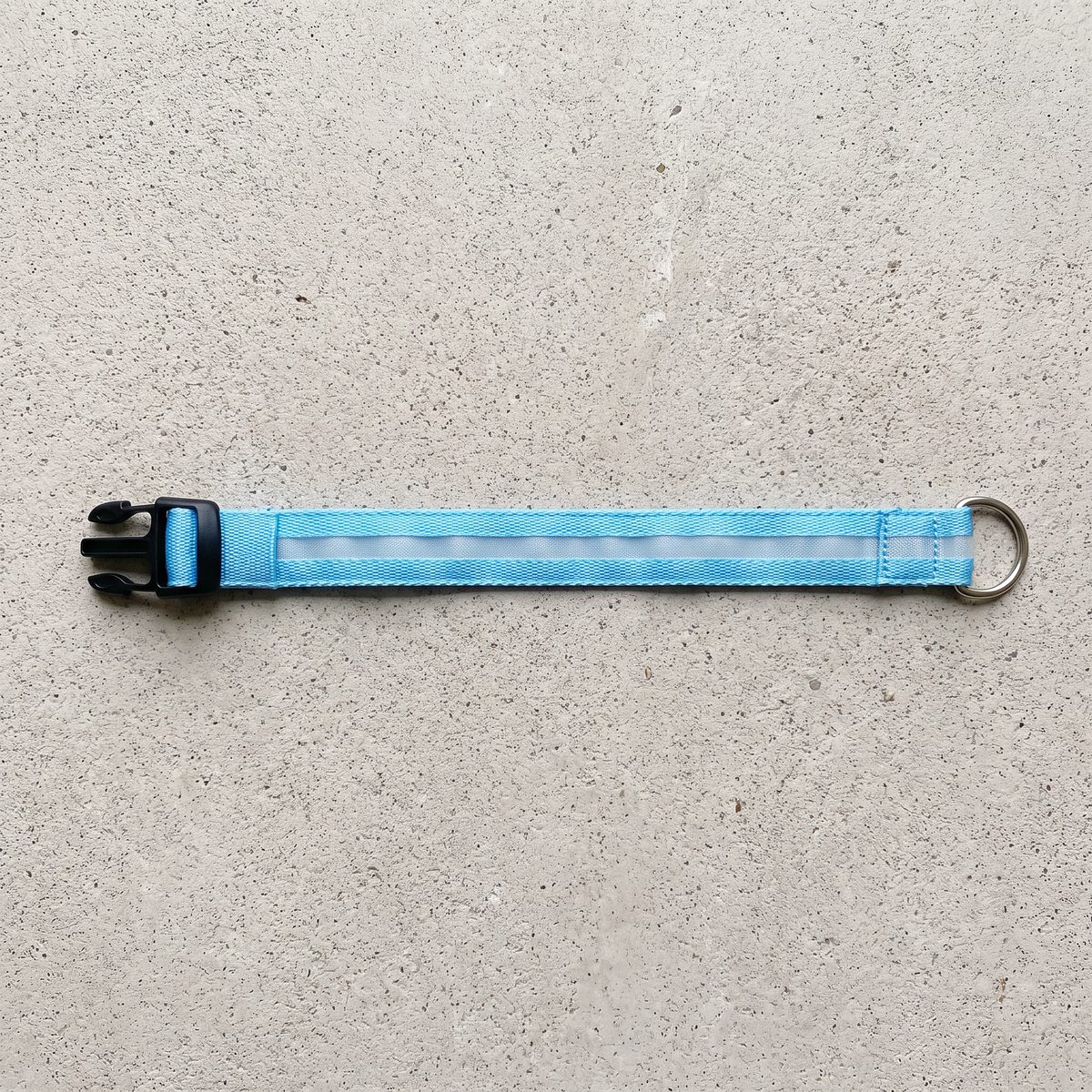 Obsidia LED collar laid flat showing the buckle, D-ring and full-length light strip
