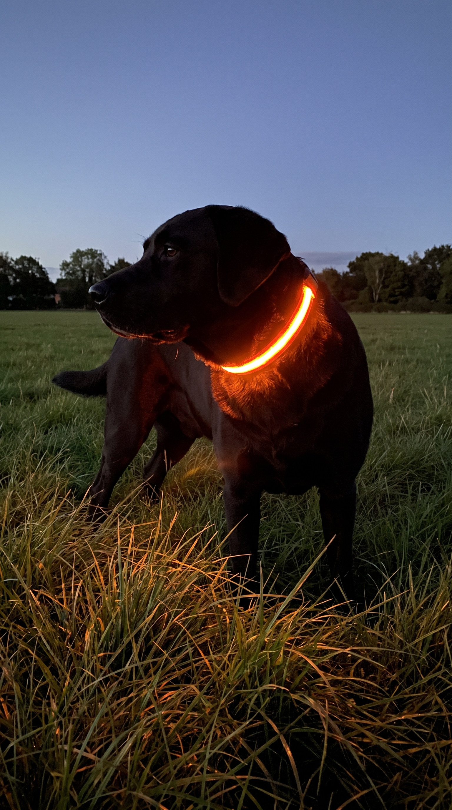 Black labrador standing in a field at dusk wearing a glowing orange Obsidia collar
